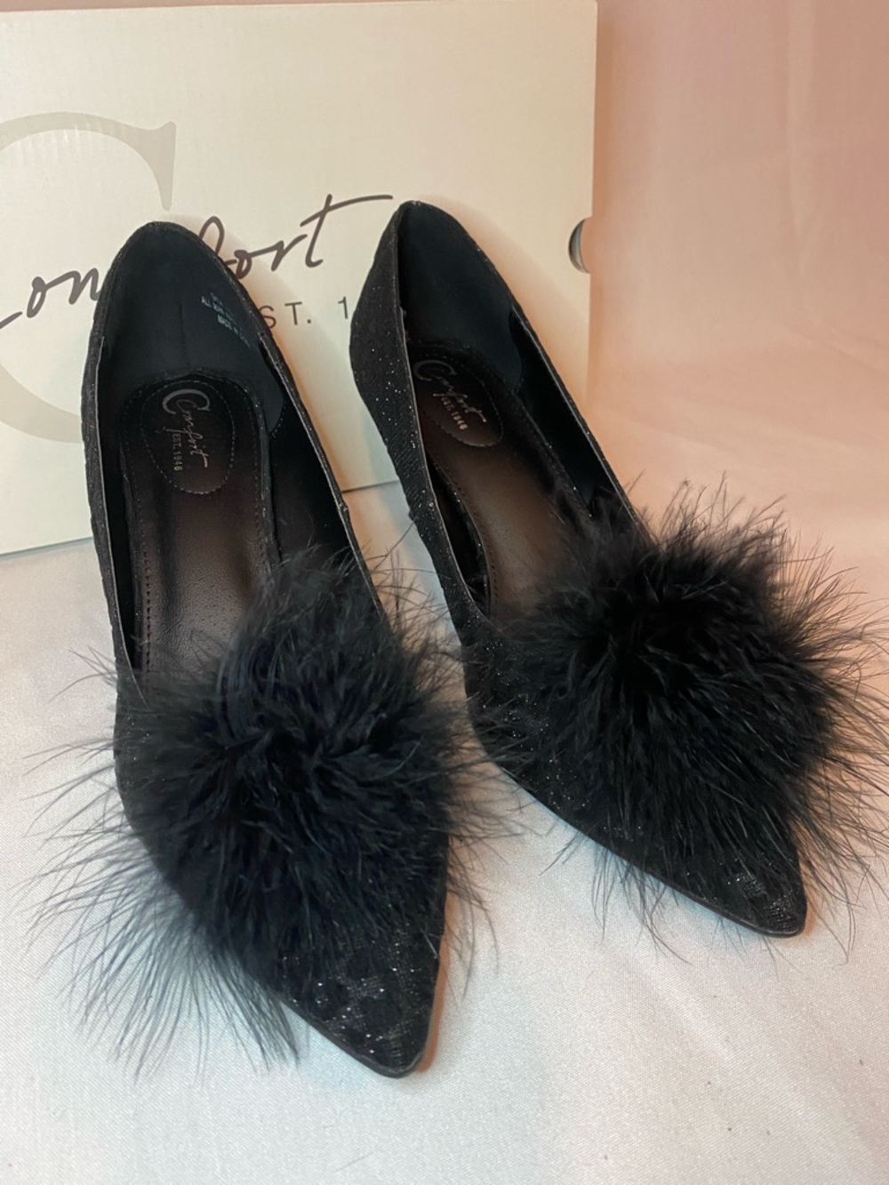 Black Pointed-Toe Pom-Pom Kitten Heels - Picture 7 of 10